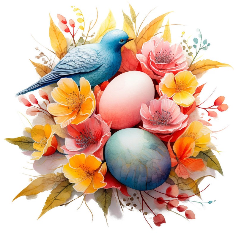 Easter clipart, Birds rabbits and flowers watercolor Clipart, Easter Watercolor clipart, Easter Bunny, , PNG image 8