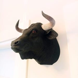 Faux Taxidermy Bull Wall Mount | Handpainted Animal Trophy Head |Rustic Farmhouse Wall Decor