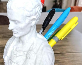 Julius Caesar Pen Holder – Marble Look Desk Organizer – Roman Bust History Gift