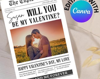 Custom Valentine’s Day Newspaper, Personalized Love Story Poster, Editable Canva Template, Romantic Gift for Couples