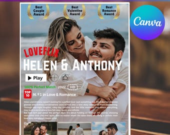 Benutzerdefinierter Paarfilmplakatdruck, personalisiertes Fotofilmstreifendesign, bearbeitbare Canva-Vorlage, romantisches Geschenk für Paare