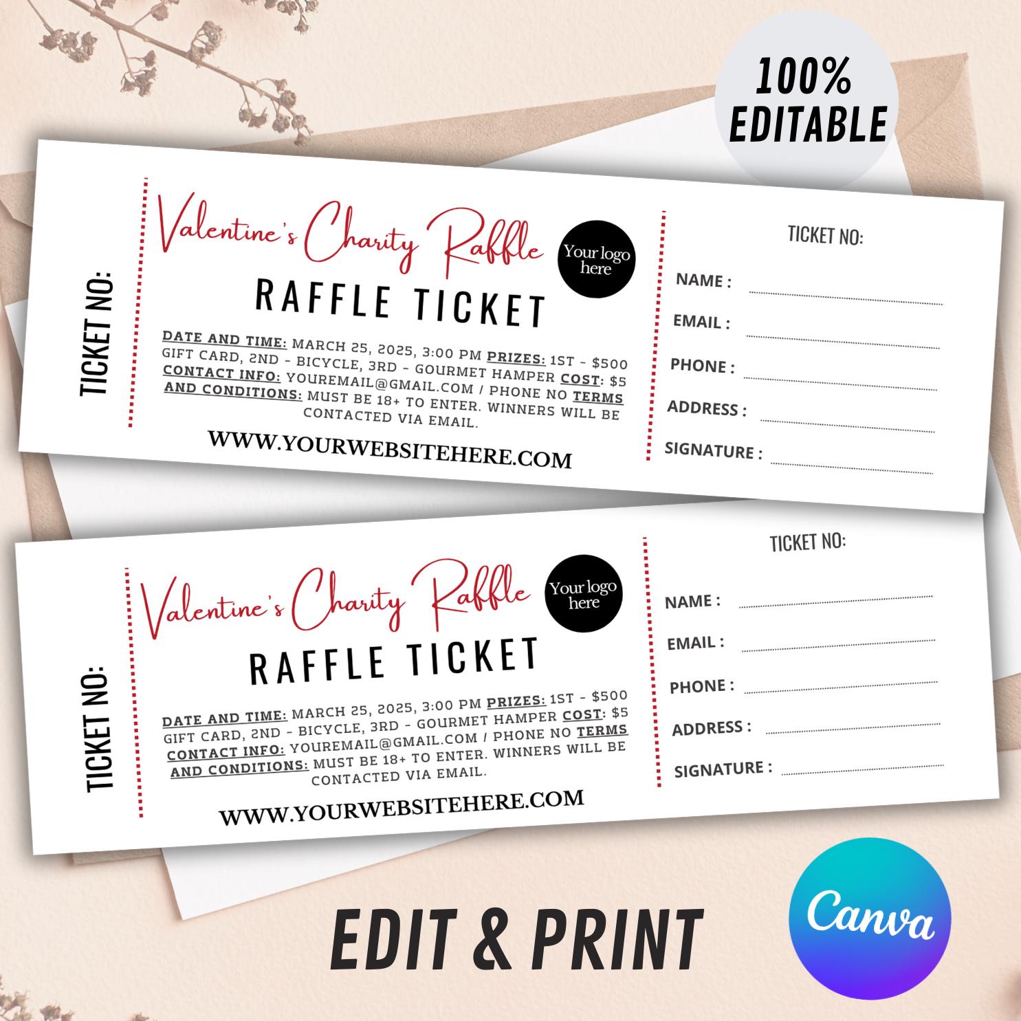 Editable Raffle Event Ticket Template, Raffle Ticket Form, Digital Canva Raffle Ticket Printable, Custom DIY Surprise Raffle Ticket