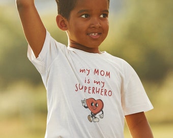 Mi mamá es una camiseta para niños con corazón dulce de superhéroe | Top para niñas y niños | Regalo de cumpleaños | Camiseta Niños Día de la Madre Amor Corazón
