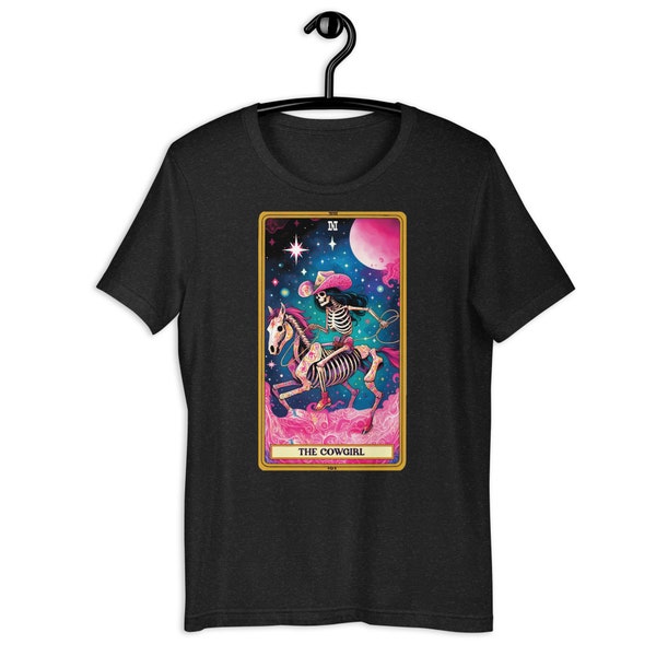 Women's Tarot Card Cowgirl Skeleton Graphic t-shirt, Astrology Fantasy Art shirt, Cowboy, Western Shirt, Sugar Skull, Rodeo Shirt