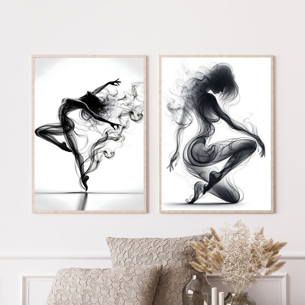 Female Body line art wallpaper, elegant woman silhouette made out of smoke digital prints, 2 girl dancer figure abstract smoke art paintings