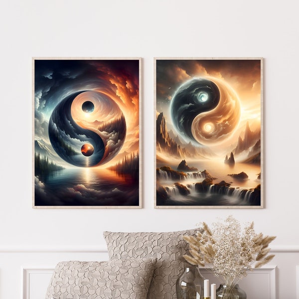 Yin and Yang abstract landscape printable wall art, Asian culture digital prints, Yin Yang canvas, Yin-yang painting, Chinese symbolism art