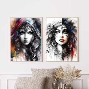 Retrato de mujer gitana, arte de pared imprimible, pintura abstracta de acuarela combinada con boceto de carbón, impresiones digitales de chica nómada de belleza femenina