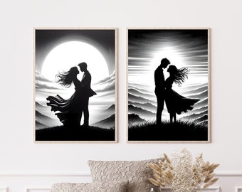 Kunstprintset romantisch stel: zwart-wit zonsondergang (digitale download)