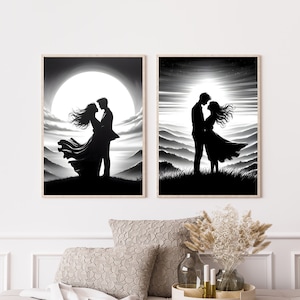 Romantic couple printable wall art, love digital prints, black and white modern painting, passion canvas, romance decor, instant download