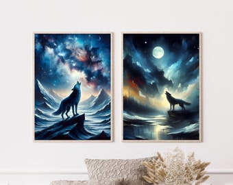 Wolf Howling at Moon Print Set: Night Sky Oil Painting (Digital Download)