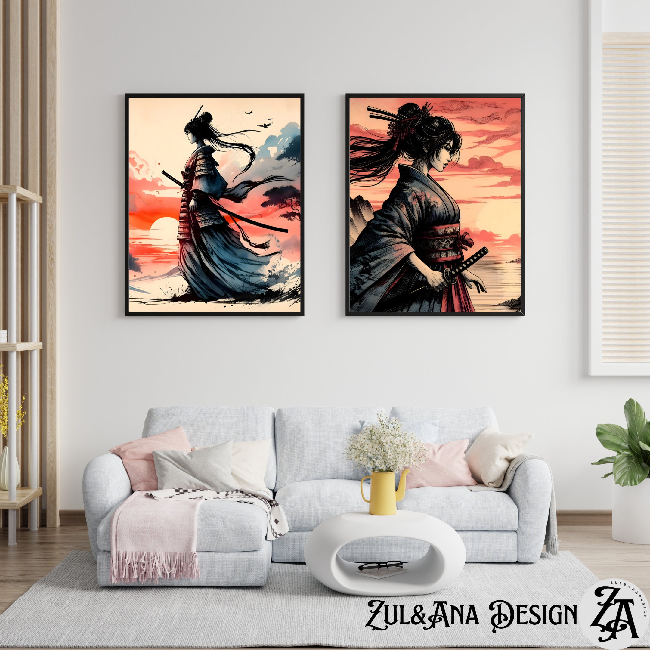 Samurai Woman Art Print Set: Japanese Warrior Ink Canvas (digital ...