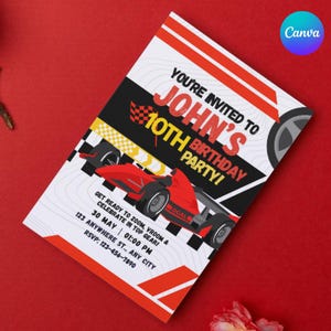 Racing Birthday Invitation for Boys | Editable 10th Birthday Party Invite | Red Race Car Theme | Instant Download