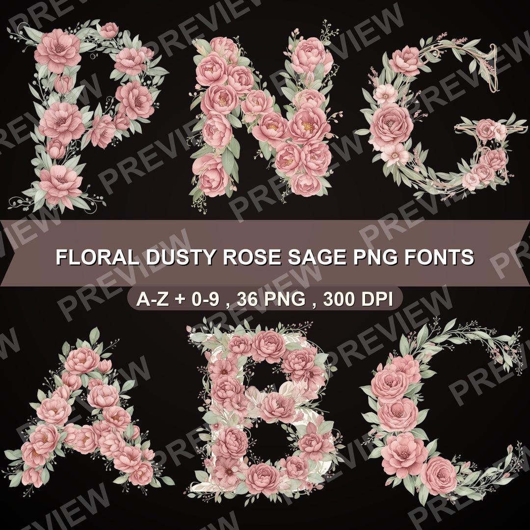 Dusty Rose Sage Floral Alphabet PNG, Botanical Letters A-Z, Numbers 0-9 ...
