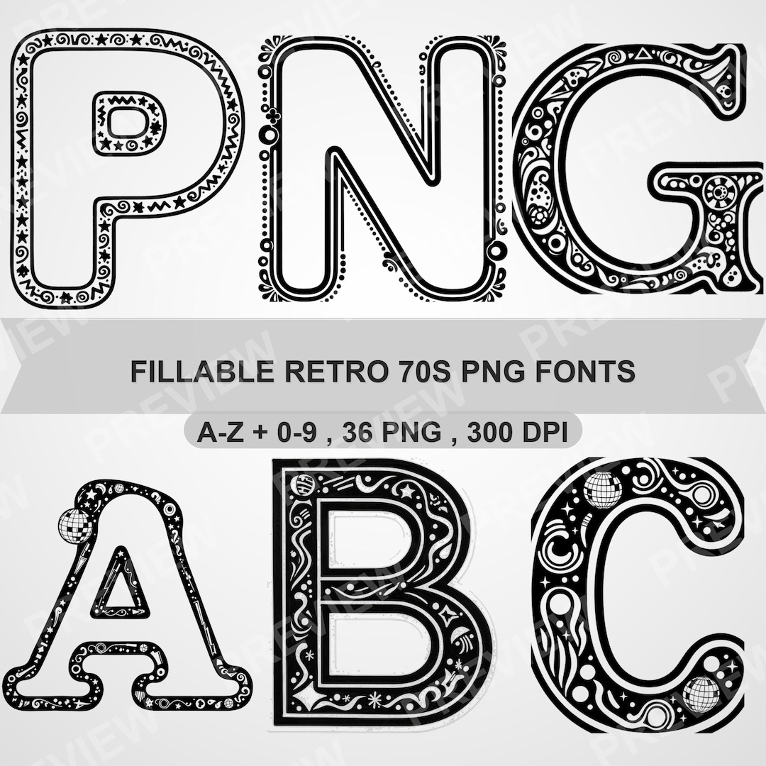 Retro 70s Fillable Alphabet Clipart PNG: Groovy Disco Letters, Numbers ...