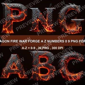 Puede incluir: Arte digital con letras y números con textura de escamas de dragón y acentos de fuego. Se muestran las letras A, B, C, P, N y G, junto con el texto "DRAGON FIRE WAR FORGE A Z NUMBERS 0 9 PNG FON". El diseño tiene una apariencia oscura y texturizada con detalles en naranja y rojo.