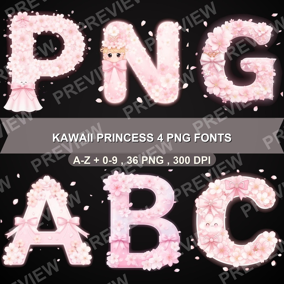 Sakura Letters Kawaii Princess Sakura Alphabet Clipart, Cherry Blossom Letters PNG ...