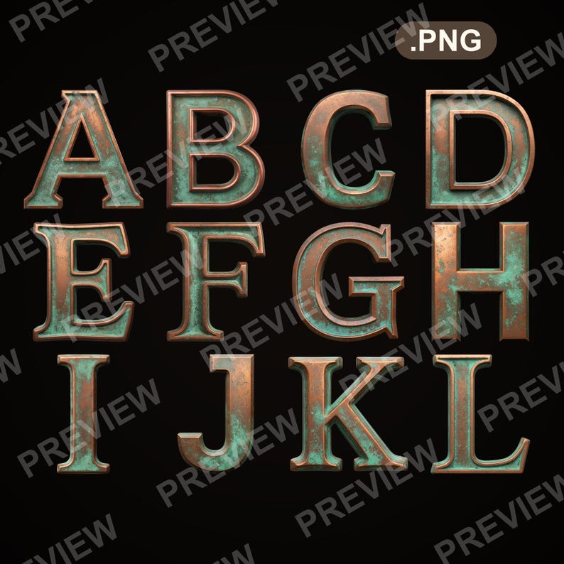 Patena Lettering Copper Patina Alphabet PNG Clipart, Aged Metal Letters, Rustic Digital ...
