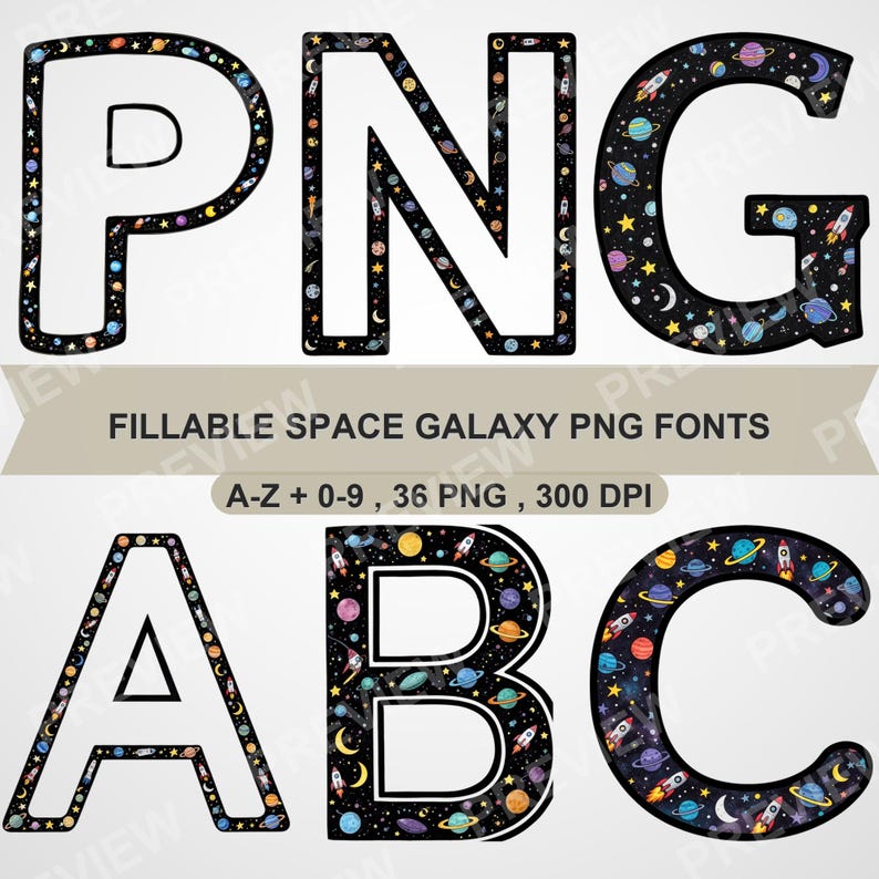 Space Lettering Sharpie Space Galaxy Fillable Alphabet Clipart PNG (A-Z, 0-9) – Cosmic Outlined ...