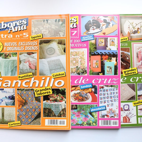 Lot of 3, 1993, Vintage Magazines, Los Labores de Ana EXTRA, Spanish Magazines, Cross Stitch Magazines and Ganchillo