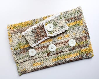 Bolsa de tableta tejida a crochet hecha a mano: Diseño Spring Breeze, 100 % algodón