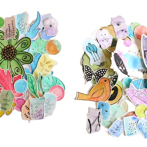 40 ritagli misti di acquerelli, ritagli di tecniche miste, piante, fiori, uccelli, punti, farfalle, foglie, chitarra, scrapbooking, diario di scarto