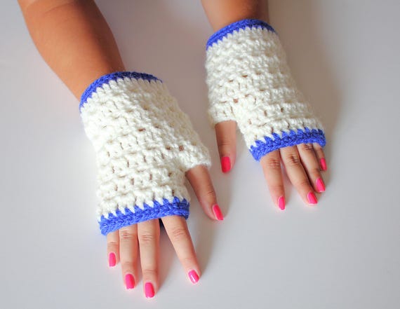 Handmade Crocheted Fingerless Gloves: Blue & White Acrylic Winter Fashion