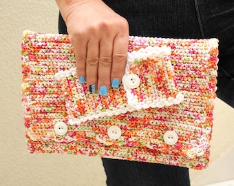 Bolsa de tableta de crochet hecha a mano: Bolsa de libros de algodón con colores de verano