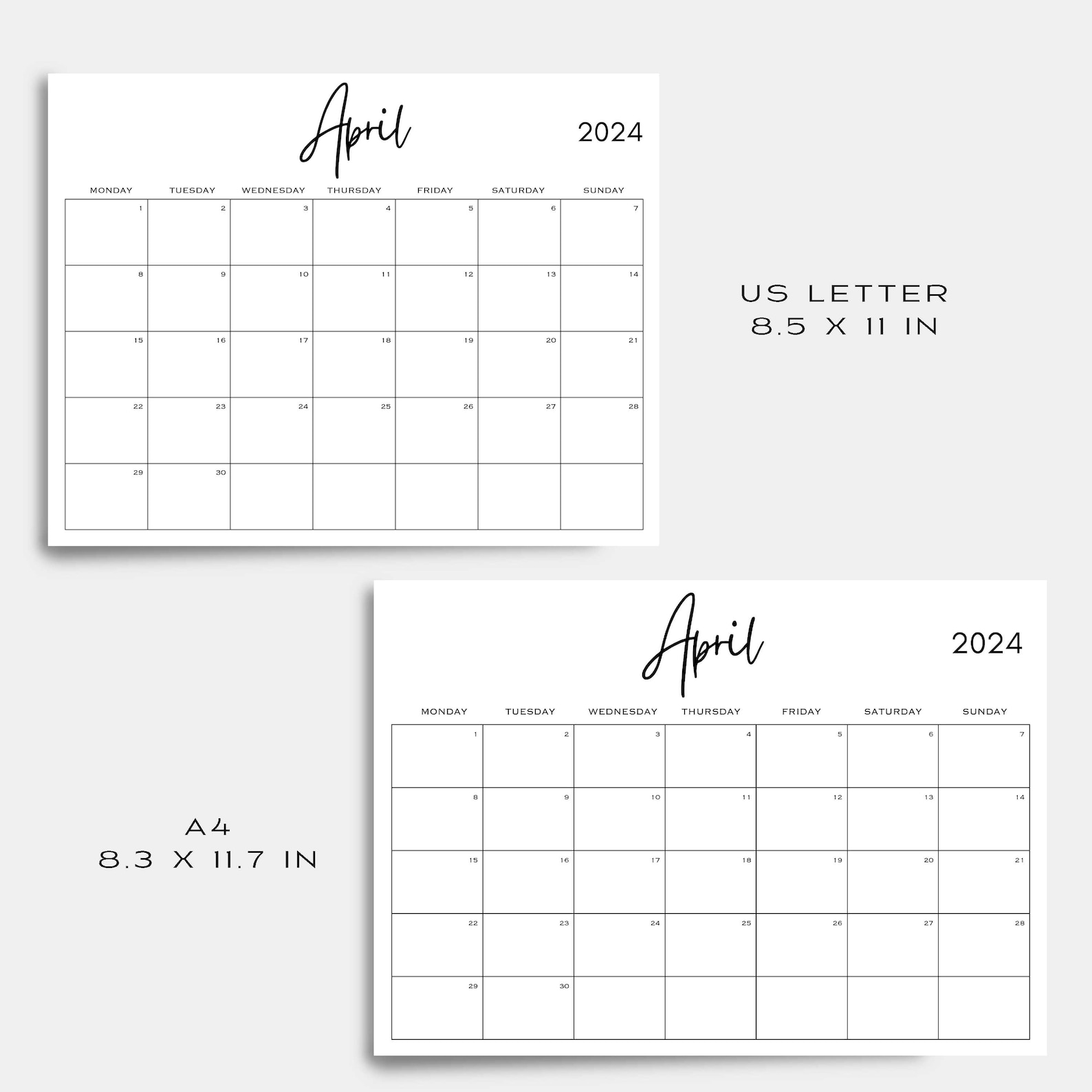 2024 Calendar Printable, 2024 Monthly Planner, US Letter, A4, Landscape