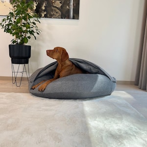 May include: A brown dog rests inside a gray, hooded pet bed. The bed is made of a soft, textured fabric. A black plant pot on a metal stand is in the background. The dog is looking to the left.