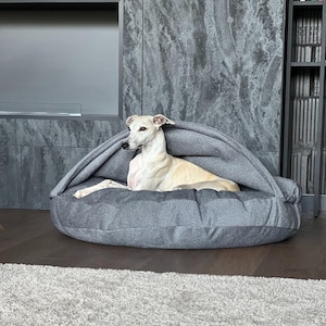May include: A light-colored dog rests in a gray, hooded pet bed. The bed is round with a textured fabric, and the dog is lying down. The background features a dark gray wall and a bookshelf.