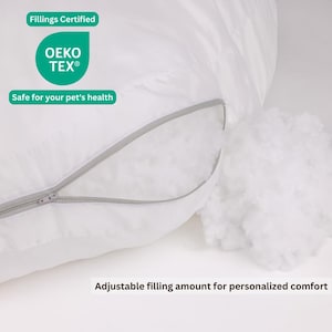 May include: Close-up of a white pillow with a partially open zipper revealing fluffy filling. The text "Fillings Certified" and "OEKO-TEX&reg;" are visible. The text "Safe for your pet's health" and "Adjustable filling amount for personalized comfort" are also present.