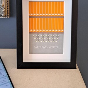 Puede incluir: Impresión artística enmarcada con un diseño gráfico de lomos de libros naranjas y un teclado de máquina de escribir. El texto "PAPERBACK WRITER" se muestra en un rectángulo gris. El marco es negro y la impresión está sobre fondo blanco.