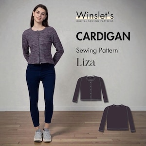 Puede incluir: Una mujer con un cárdigan morado y vaqueros azul oscuro. La imagen incluye el texto "Winslet's DIGITAL SEWING PATTERNS" y "CARDIGAN Sewing Pattern Liza". También se muestran dos ilustraciones del cárdigan.