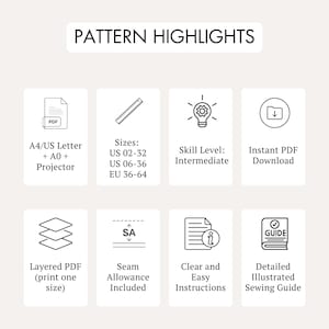 Pode incluir: Imagem mostrando os destaques do padr&atilde;o com &iacute;cones e texto. Inclui A4/US Letter, tamanhos US 02-32 e US 06-36, n&iacute;vel de habilidade: intermedi&aacute;rio, download instant&acirc;neo de PDF, PDF em camadas, margem de costura inclu&iacute;da, instru&ccedil;&otilde;es claras e um guia de costura detalhado.