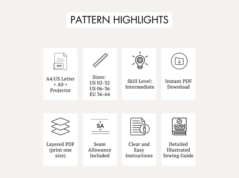 Pode incluir: Imagem mostrando os destaques do padr&atilde;o com &iacute;cones e texto. Inclui A4/US Letter, tamanhos US 02-32 e US 06-36, n&iacute;vel de habilidade: intermedi&aacute;rio, download instant&acirc;neo de PDF, PDF em camadas, margem de costura inclu&iacute;da, instru&ccedil;&otilde;es claras e um guia de costura detalhado.