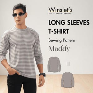 Può includere: Una persona indossa una maglietta a maniche lunghe a righe grigie e bianche. L'immagine include il testo "Winslet's DIGITAL SEWING PATTERNS" e "LONG SLEEVES T-SHIRT Sewing Pattern Maddy". Sono mostrate anche due illustrazioni della maglietta.