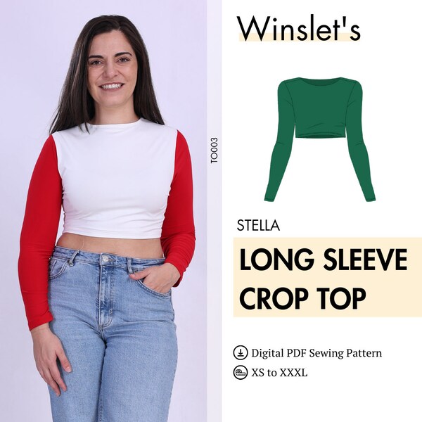 Long Sleeve Top Pattern by Winslet's, Easy Sewing Pattern, Instant PDF download, Crop Top Sewing Pattern for Women, Digital Pattern