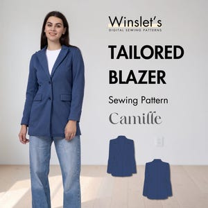 May include: A woman wearing a blue tailored blazer and jeans. The image includes the text "Winslet's DIGITAL SEWING PATTERNS" and "TAILORED BLAZER Sewing Pattern Camille". Two blazer illustrations are also shown.