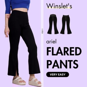 Flared Pants Pattern| Beginner Pants Sewing Pattern for Women| High Waisted Pants with an Elastic Waistband| Sizes US 2-32| Front Slit