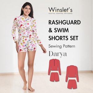 May include: A woman in a white floral rashguard and swim shorts set. The image is promoting the "Darya" sewing pattern for a rashguard and swim shorts set. Two red set illustrations are also shown.