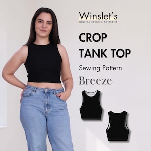 May include: A woman wearing a black crop tank top and blue jeans. The image includes the text "Winslet's DIGITAL SEWING PATTERNS" and "CROP TANK TOP Sewing Pattern Breeze". Two black tank top illustrations are also shown.