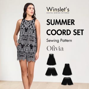 Puede incluir: Se muestra un patrón de costura de conjunto coordinado de verano en blanco y negro, Olivia. La modelo lleva un mono negro y blanco con un diseño de encaje detallado. La imagen también muestra la parte superior y los pantalones cortos del patrón.