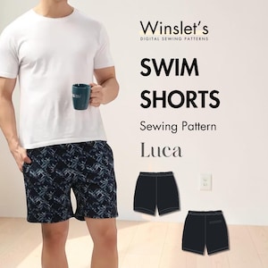 May include: The image showcases a person wearing swim shorts with a dark blue floral pattern. The text on the image reads "Swim Shorts Sewing Pattern Luca" from Winslet's Digital Sewing Patterns. Two illustrations of the shorts are also shown.