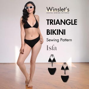 May include: A black triangle bikini sewing pattern, Isla, is displayed with a woman wearing the bikini. The image includes the text "Triangle Bikini Sewing Pattern" and a logo. The bikini is shown in a front view.