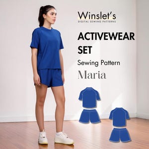 Puede incluir: Una mujer con un conjunto deportivo azul, compuesto por una camiseta de manga corta y pantalones cortos. La imagen tambi&eacute;n muestra un patr&oacute;n de costura para el conjunto deportivo, con el texto "ACTIVEWEAR SET Sewing Pattern Maria".