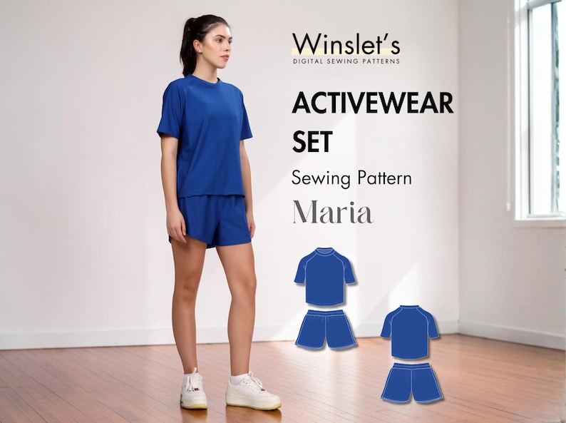Puede incluir: Una mujer con un conjunto deportivo azul, compuesto por una camiseta de manga corta y pantalones cortos. La imagen tambi&eacute;n muestra un patr&oacute;n de costura para el conjunto deportivo, con el texto "ACTIVEWEAR SET Sewing Pattern Maria".