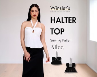 May include: A woman in a white halter top and black skirt. The image features the text "HALTER TOP Sewing Pattern Alice" and two top illustrations. The top has a keyhole detail.