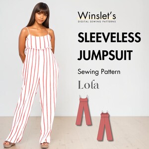 May include: A woman wearing a white and red striped sleeveless jumpsuit. The jumpsuit has thin straps and wide legs. The image also includes the text "Sleeveless Jumpsuit Sewing Pattern Lofa" and two illustrations of the jumpsuit.