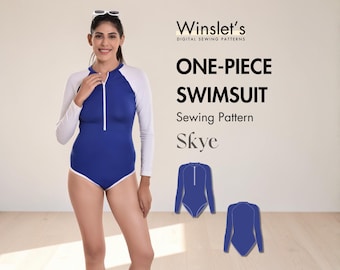 Easy Long Sleeve Swimsuit Pattern| Swimwear with Front Zip, High Neck and Raglan Sleeves| Rash Guard, Surfing & Beach Swimwear| PDF Download