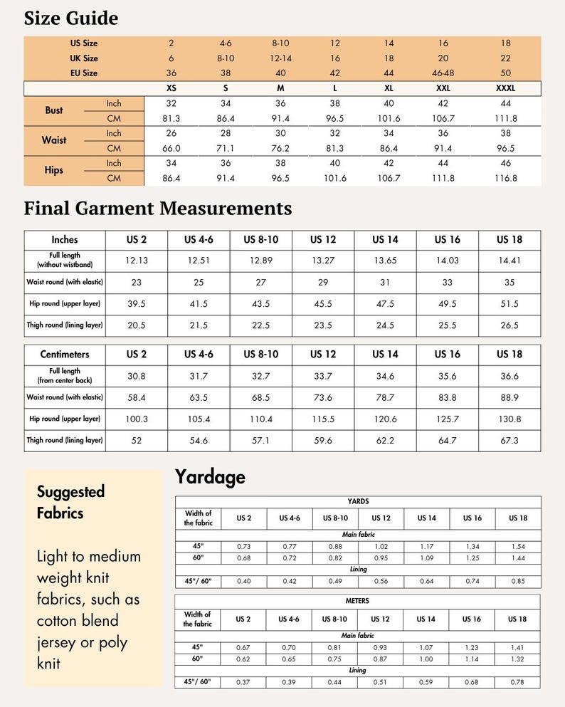 May include: A detailed size guide with measurements in inches and centimeters, including bust, waist, and hip sizes. It also provides yardage information for various fabric widths, suitable for light to medium-weight knit fabrics.